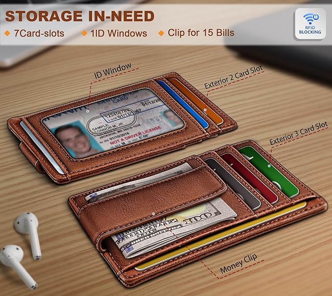 BULLIANT Men Wallet,Slim Leather Wallet Money Clip Card Hodler For Men Gift 8 Cards RFID Blocking