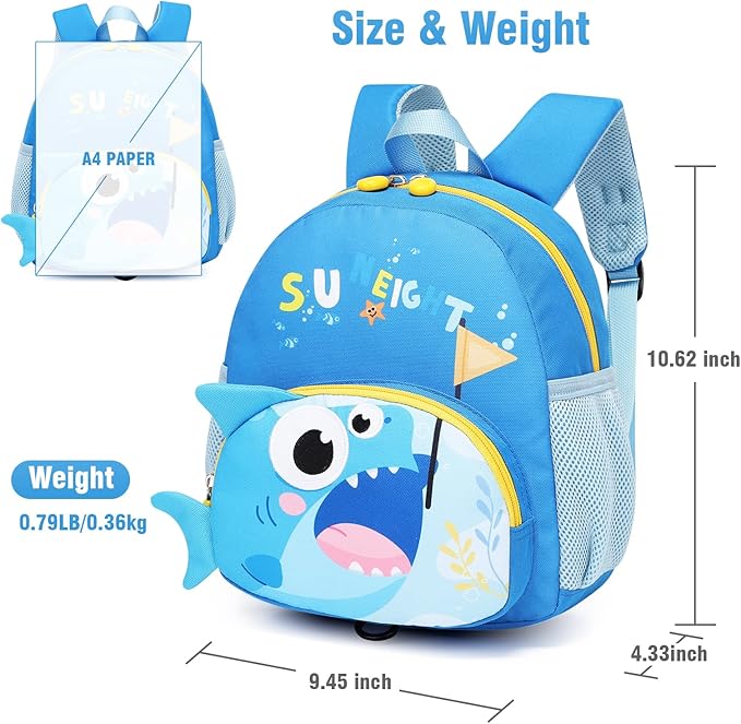 SUN EIGHT Toddler Backpack for Boys 2-4 Small Cute Dinosaur Backpack with Kids Leash,3D Cartoon Preschool Kindergarten Bookbag for Pre-k (Shark)