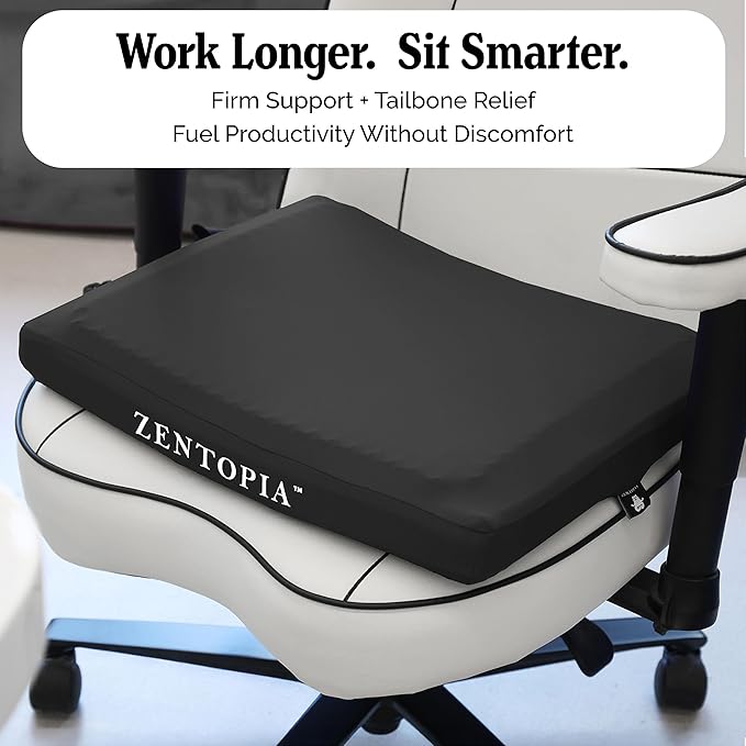 Gel and Memory Foam Seat Cushion – Office – Ergonomic Cushion Pad for Tailbone Pain - Desk Chair Car Seat Cushion Driving - Sciatica & Back Pain Relief (Black)