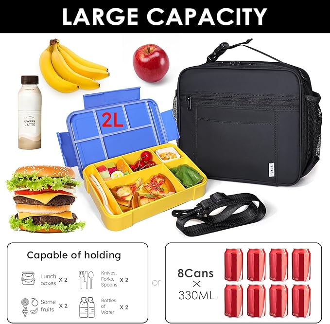 NOL Kids Lunch Bag - Kids 3+ Reusable Insulated Lunch Box with Zipper Closure Buckle Handle Adjustable Long Shoulder Strap, Easy-Clean Waterproof Fabric, Children Lunch Tote Bag for School-Black