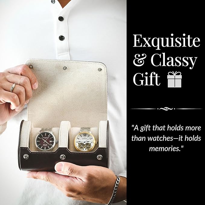 2 Watch Travel Case for Men - Mirage Watch Roll Gift Accessory - Espresso/Ivory Vegan Leather