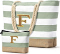 Becokan Beach Bag Initial Beach Tote with Makeup Bag for Travel Work Storage Personalized Birthday Gifts for Women Her