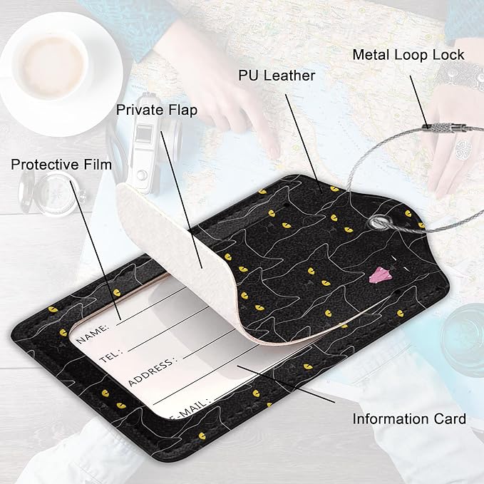 2Pcs Luggage Tag for Suitcase Black Cat Cute Suitcase Tag with Privacy Flap & Name ID Label & Metal Loop,Travel Bag Luggage Tags for Women