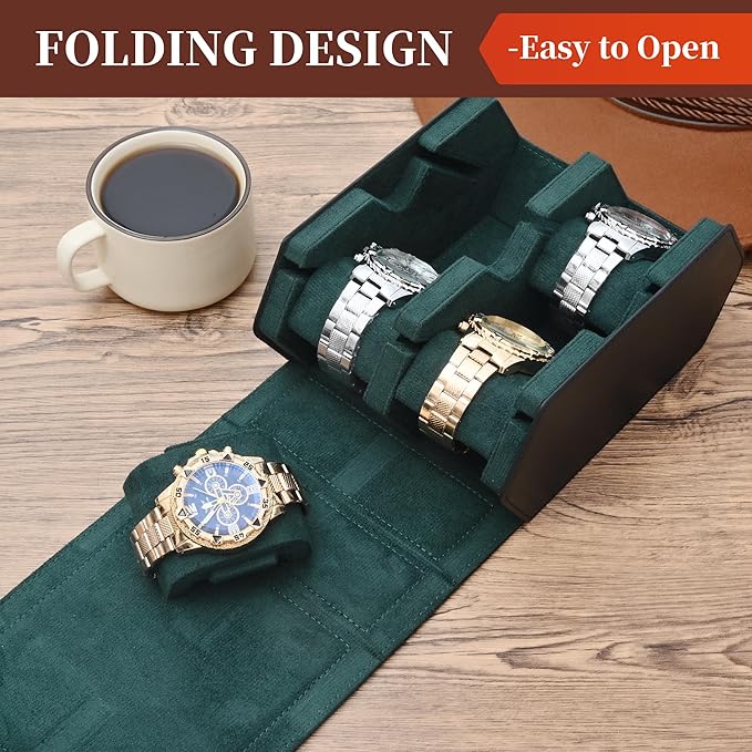 Watch Roll Travel Case for 4 Watchs Storage and Organizer-Secure Storage with Innovative Slide Pillows & Solid Dividers for Home Storage, Protect and Display