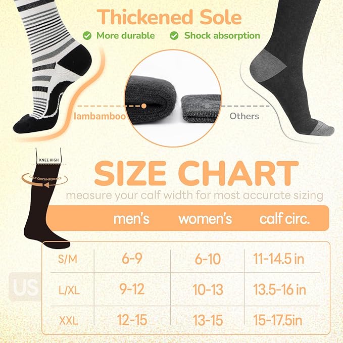 Merino Wool Compression Socks for Women Men, 15-20 mmHg Knee High Socks for Flying, Travel, Running
