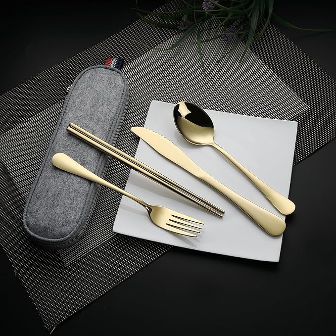 DEVICO Camping Utensils, Portable Travel Utensils with Case, Stainless Steel Reusable Silverware for Lunch Adult, 5Pcs Cutlery Set Includes Knife Spoon Fork Chopsticks and Case (Gold)
