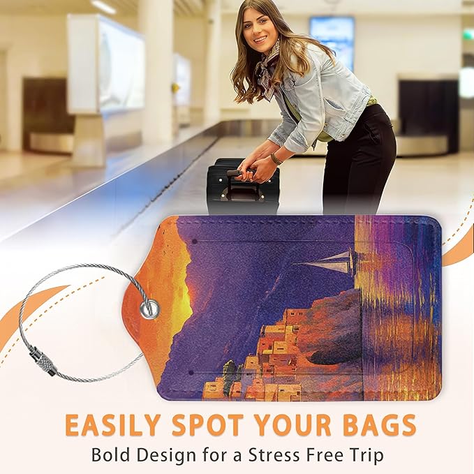 Retro Seaside Village 3 PCS PU Leather Luggage Tags for Suitcase, Sunset Luggage Tag with Privacy Flap, Name ID Label and Metal Loop for Women Men Baggage Handbag School Bag Backpack