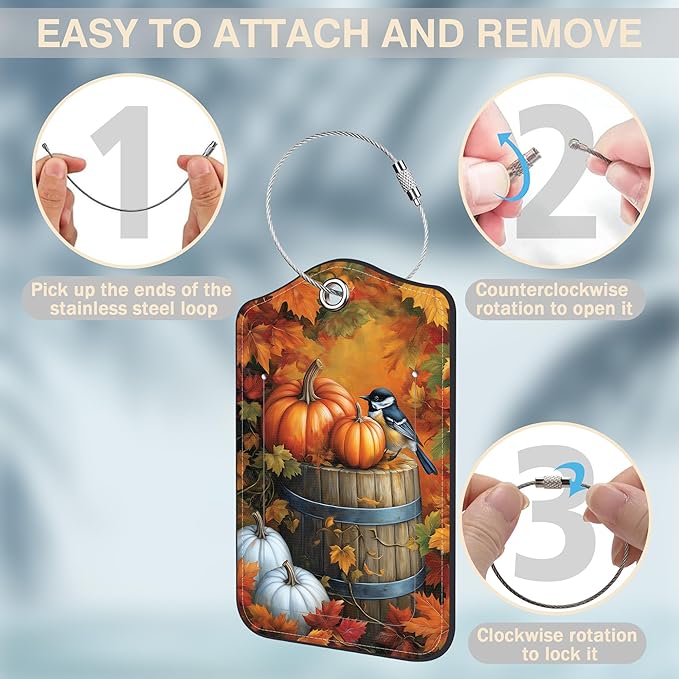 Autumn Pumpkin and Bird Set of 2 Luggage Tags for Suitcases Fallen Leaves Leather Suitcase Tags Identifiers with Privacy Name Label and Stainless Steel Loop for Women Men Travel Luggage Accessories