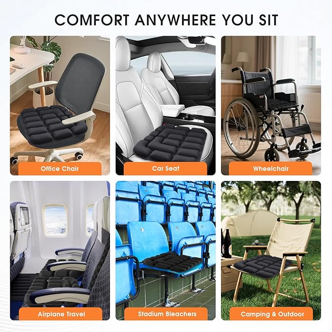 3D Inflatable Seat Cushion for Airplane Travel - Portable Air Seats Pad Pressure Relief with Storage Bag for Long Flights Car Office Camping Wheelchair Stadium Bleacher, No Pump Required, Black