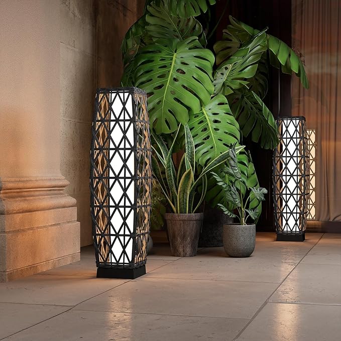 Grand patio Solar Outdoor Floor Lamp Wicker Lantern Decoration Light for Deck Garden Lawn Porch-Medium Cindy, Silver Gray