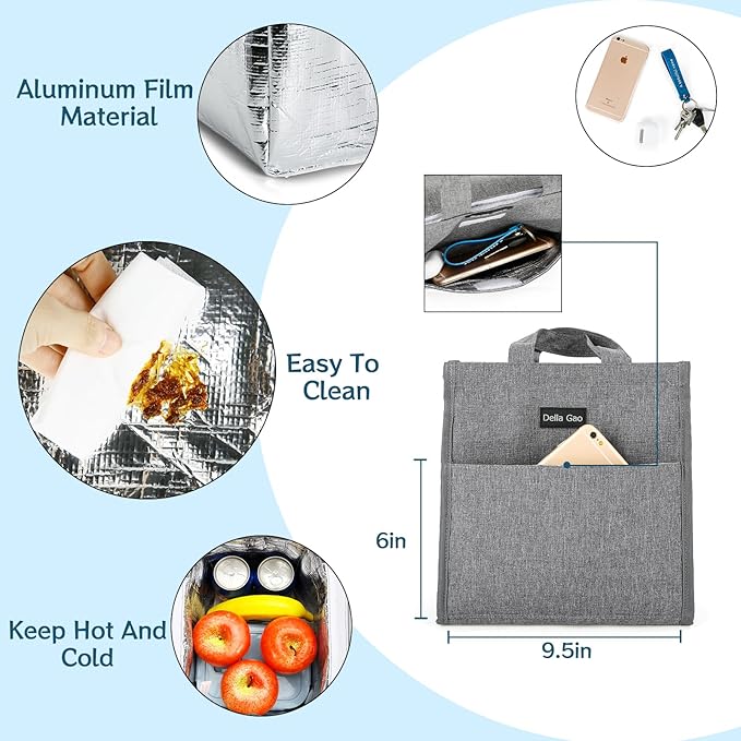 Della Gao Insulated Lunch Bag for Women Men, Waterproof Small Lunch Tote Lunch Box, Reusable Lunch Bags for Work, Party, Travel and Picnic (Gray)