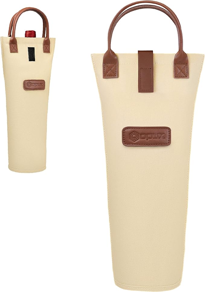 opux Wine Bag Single Bottle Carrier Tote, Insulated Travel Wine Cooler Bag for Picnic Beach Gift, Thermal Padded Portable One Bottle Holder Carrying Case for Women Men Wine Lovers, Cream Beige
