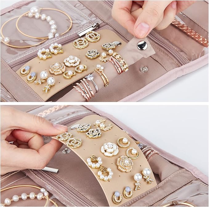 BELALIFE Travel Jewelry Case Organizer, Foldable Storage Roll for Earrings, Necklaces, Rings, Bracelets, Brooches, Pink
