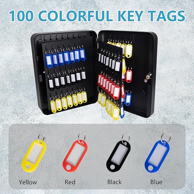 72 Position Key Cabinet with Combination Lock Wall Mount, Black Steel Locking Key Organizer Safe Security Storage Lockbox Holder for Valets, with Colorful Key Tag Labels Stickers and Hooks