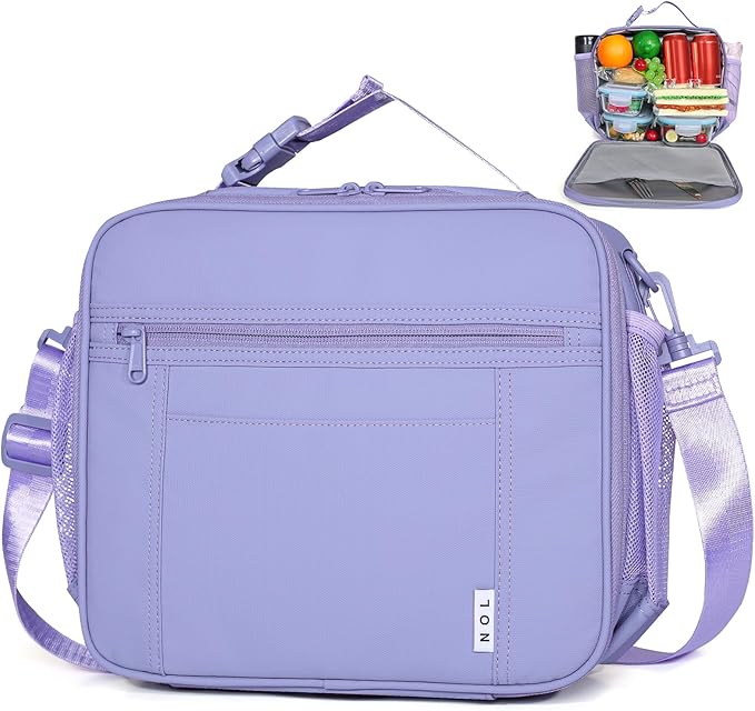NOL Kids Lunch Bag -Kids 3+ Reusable Insulated Lunch Box with Zipper Closure Buckle Handle Adjustable Long Shoulder Strap, Easy-Clean Waterproof Fabric, Children Lunch Tote Bag for School-Light purple
