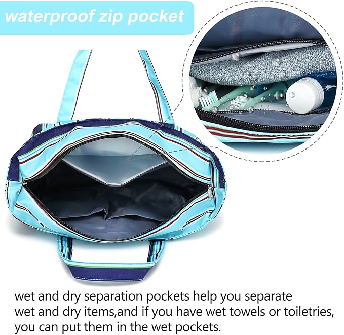 LEDAOU Beach Bag Waterproof Sandproof Women Tote Bag Pool Bag with Zipper for Gym Grocery Travel with Wet Pocket