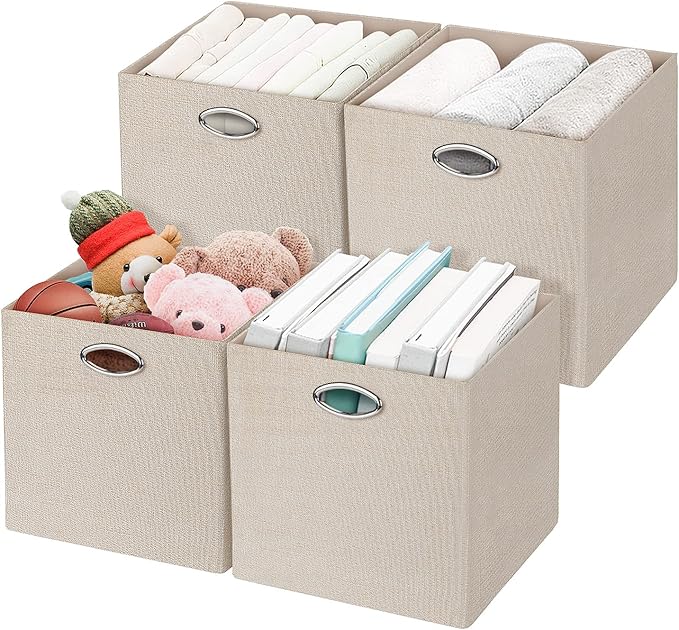 Posprica Storage Cubes, 12×12 Storage Bins, Fabric Drawers Organizer Basket, 4pcs, Beige