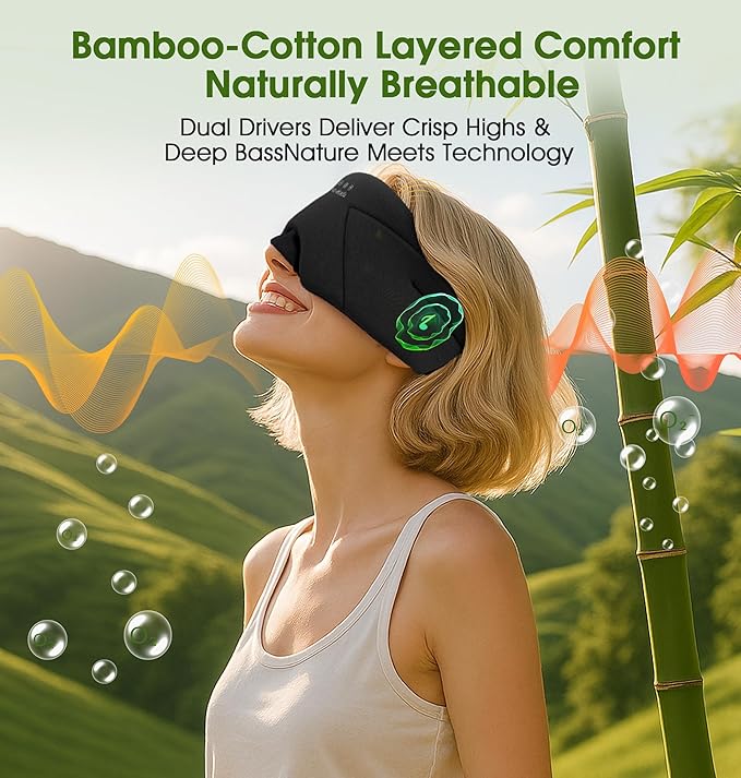 LC-dolida Sleep Mask with Headphones Bluetooth 5.4, Wireless Music Eye Mask for Sleeping Headphones with Soft Bamboo Cotton Cooling Breathable,Ultra-Thin Stereo Speaker for Side Sleepers-Black