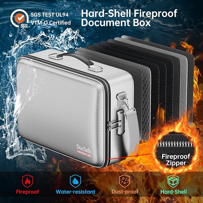 DocSafe Fireproof Document Box with Lock＆Shoulder Strap,Hard Case File Organizer with Accordion File Folder,Multi-Layer Portable Home Office Travel Safe Storage for Important Documents Laptop Silver