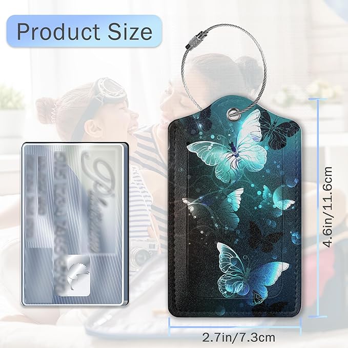 Luggage Tags for Suitcase,Glowing Butterfly Flying Luggage Tags of Set 2 Leather Identifiers Privacy Cover with Stainless Steel Loop for Women Men Travel Bag Suitcase