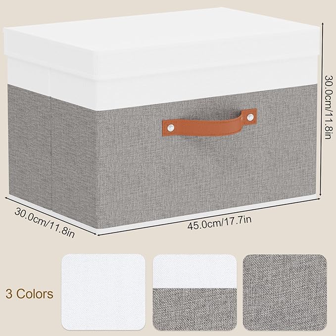 Fabric Storage Boxes with Lids, Linen Foldable Cloth Baskets, 17.7 x 11.8 x 11.8 Inch Closet Organizer Containers with Double Handles, Sweater Bins for Bedroom, White and Grey, 1 Pack