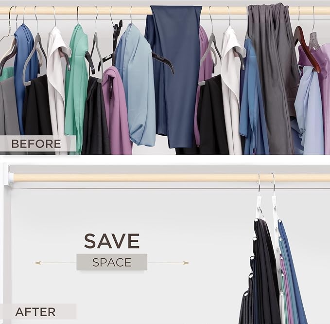 MORALVE Pants Hangers Space Saving - 2 Pack European Beechwood Scarf and Jean Hangers - Closet Organizer and Space Saver Pant Rack, Leggings Hanger, and Scarf Holder with 360° Swivel Hook