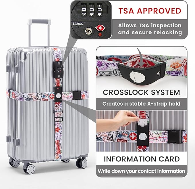 Travelkin Luggage Straps TSA Approved - Adjustable Cross Suitcase Straps with TSA Lock, Reinforced Buckle, Unique Pattern - Secure Heavy Duty Luggage Straps for Travel (Journey)