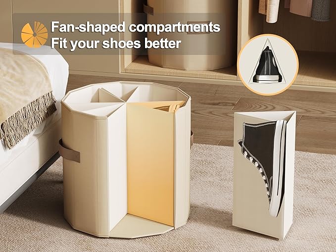 Vailando Shoe Organizer for Closet - Cylindrical Shoe Storage Organizer with Adjustable Dividers for Closet, Foldable Shoe Storage Box, Beige, 2-Pack, Large