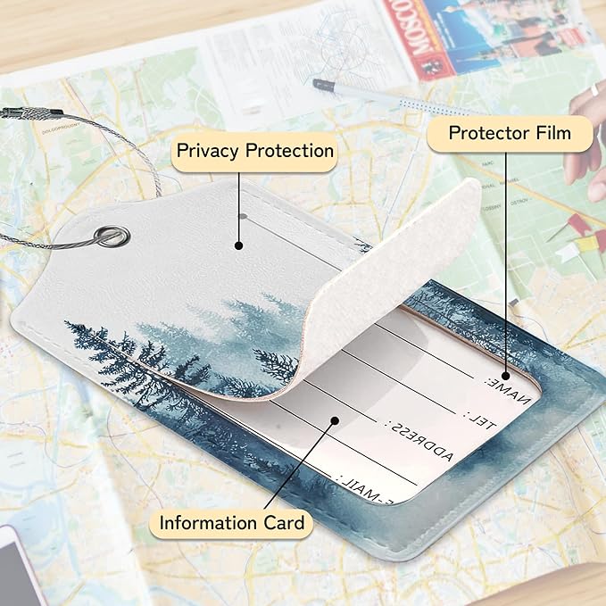 3 PCS Misty Forest Landscape Luggage Tags,Suitcase Tags Privacy Cover ID Label with Stainless Steel Loop and Address Card for Travel Bag Suitcase