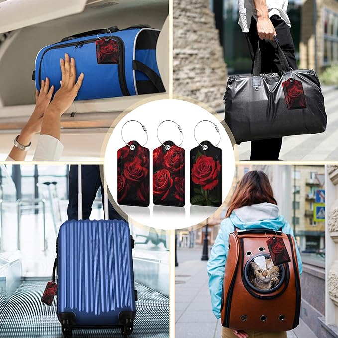 3 Pack Red Rose Luggage Tags for Suitcases, Cute Leather Name Tag with Privacy Cover with Stainless Steel Loops, Travel ID Bag Tags for Women Men