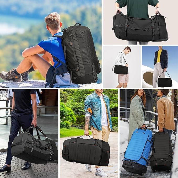 Vomgomfom 86L Collapsible Wheeled Luggage with Removable Backpack Straps,Waterproof Rolling Duffle Bag with Quilted Base,No Telescope Handle,Black