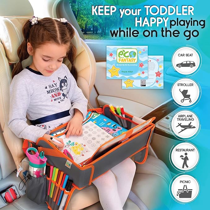 Kids Travel Tray - Waterproof Car Table with No-Drop Large Tablet Holder - Car Seat Tray - Road Trip Must Haves - Kids Lap Desk Organizer for Airplane - Toddler Travel Essentials (Orange)