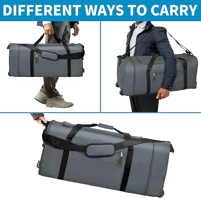 Finnhomy 100L Foldable Rolling Duffel Bag with 2 Wheels, Light Weight Travel Duffel bag with Large Loading Capacity, 32 inch Rolling Duffel bag with Shoulder Strap for Travel Camping Sports, Grey