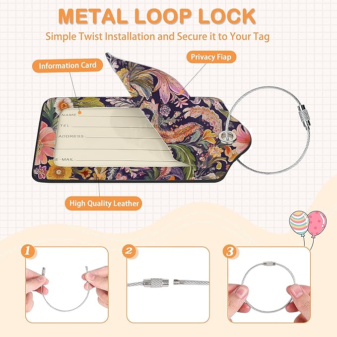 Colorful Boho Floral 3 PCS PU Leather Luggage Tags for Suitcase, Luggage Tag with Privacy Flap, Name ID Label and Metal Loop for Women Men Baggage Handbag School Bag Backpack