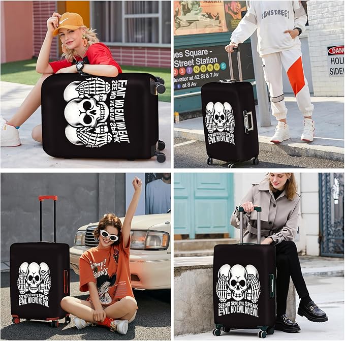 ANNA QUEEN Gothic Skull Luggage Cover, “See No Evil, Hear No Evil, Speak No Evil” Skeleton Design, Stretchable, Washable Suitcase Protector for 24-26 Inch Travel Suitcases