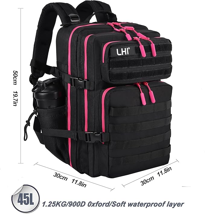 LHI Military Tactical Backpack for Men and Women 45L Army 3 Days Assault Pack Bag Large Rucksack with Molle System - Black with red zipper