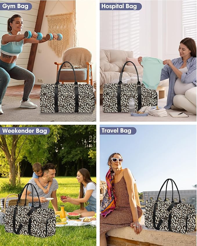 Women Duffle Weekender Travel Bag: Large Duffel Bags with Shoe Compartment Carry On Overnight Tote Bag with Wet Pocket Toiletry Bag Traveling Weekend Gym Yoga Hospital Bags for Womens Brown Leopard