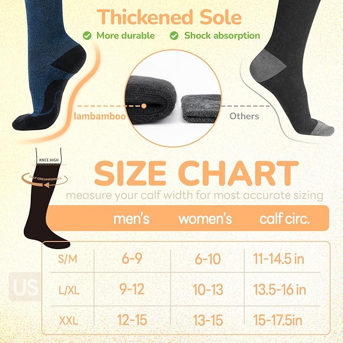 Merino Wool Compression Socks for Women Men, 15-20 mmHg Knee High Socks for Flying, Travel, Running