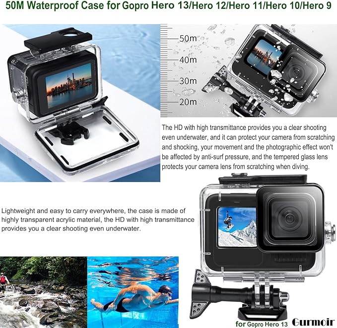 Gurmoir Accessory Pack for Go Pro 13 12 11 10 9 Hero, Full Essential Accessories Kit with Waterproof Protective Housing Case for GoPro Hero 13 12 11 10 9 Black(DT06)