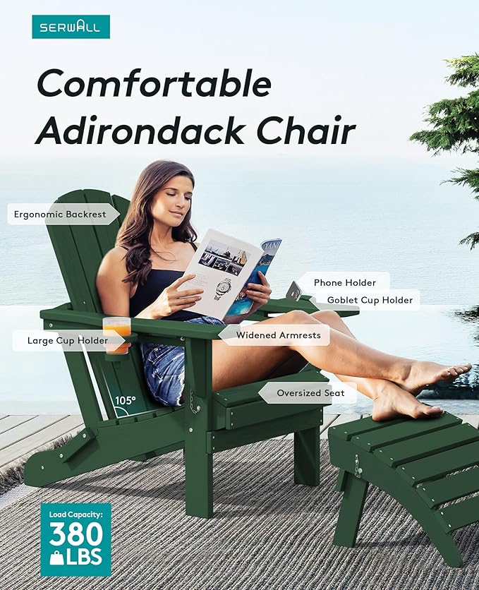 SERWALL Adirondack Chair with Cup Holders - Composite Adirondack Chairs Set of 8 HDPE Outdoor Chairs All Weather Use- Green