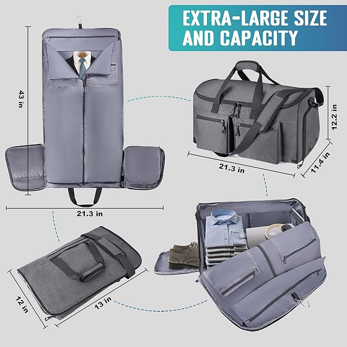 Convertible Garment Duffel Bag with Mesh Storage Bag, Water-Resistance Carry On Garment Bag with Suit Compartment, 2 in 1 Hanging Suit Travel Bag