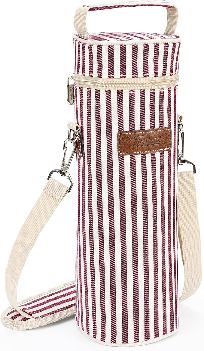 Tirrinia Single Wine Cooler Bags - Insulated & Padded Portable Wine Gift Tote Carrier for Travel, BYOB Restaurant, Wine Tasting, Party, Great Gift for Wine Lover, Wine Stripe
