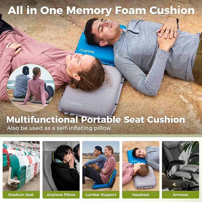 ATEPA Inflatable Stadium Seat Cushion, Self-Inflating Memory Foam Stadium Seats Bleacher Seat Chair Cushion Pad for Airplane Travel Backpacking Sports Events