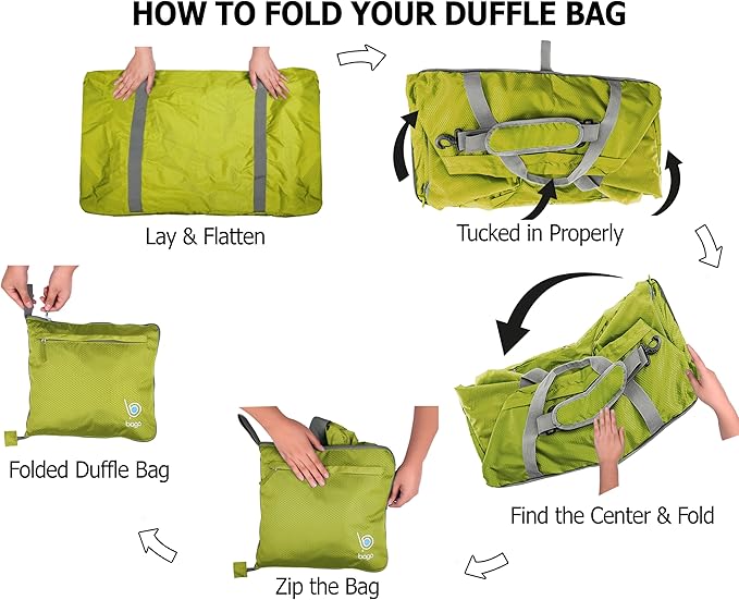 Bago Large Foldable Duffel Bags for Traveling Women & Men - 100L Packable Duffle Bag for Travel with Shoe Compartment - Water Repellant, Heavy Duty, Lightweight Folding & Collapsible (Green)