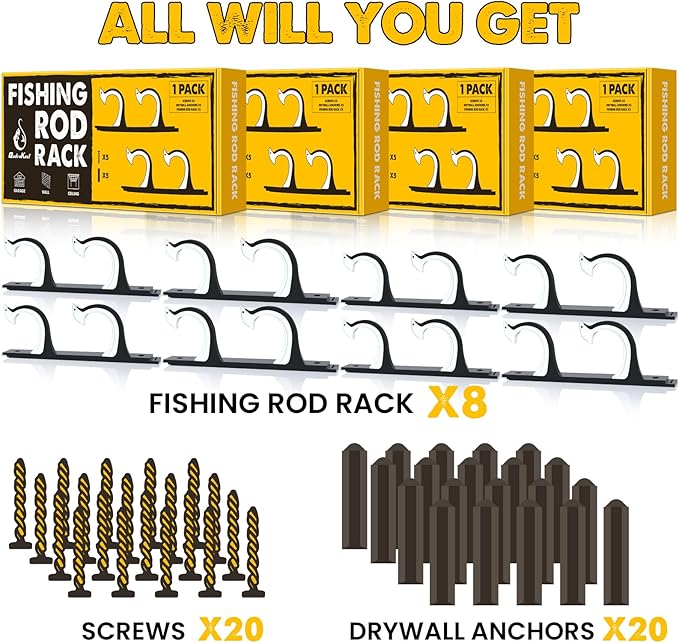 QudraKast Horizontal Fishing Rod Holder for Garage Wall Ceiling Mount - Fishing Pole Holders Fishing Rod Rack Holds Up to 8 Rods or Combos, Ideal Fishing Gift (4Pack)