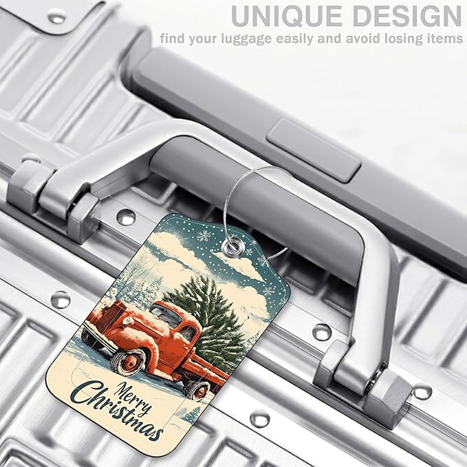 Vintage Red Truck wtih Christmas Tree Set of 2 Luggage Tags for Suitcases Leather Suitcase Tags with Privacy Name Address Label and Stainless Steel Loop for Women Men Travel Luggage Accessories