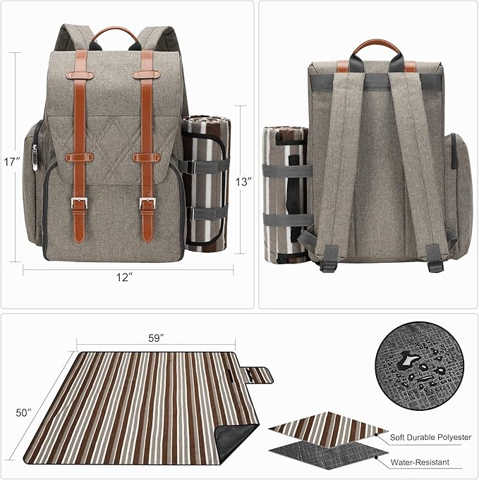 Picnic Backpack for 4 Person with Large Insulated Cooler Bag, Picnic Basket Set with Wine Pouch,Waterproof Picnic Blanket & Cutlery Set. Perfect for Beach, Camping, Party,Wedding Gift for Couple,Brush
