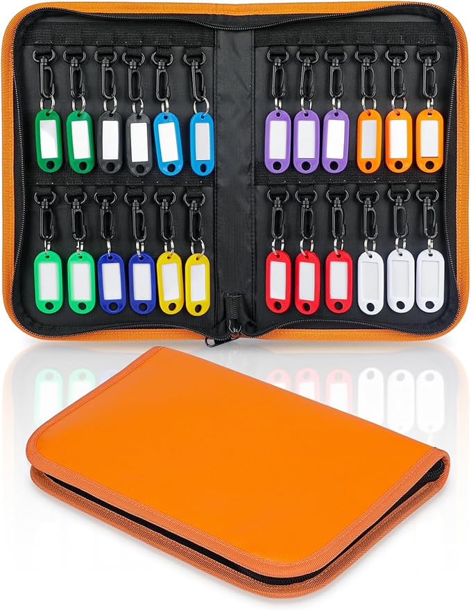 Uniclife Zippered Key Case Organizer Waterproof and Fireproof Orange Key Binder with 24 Hooks and Tags Portable Key Storage Book for Offices Real Estate Agencies Hotels and Rental Management (Orange)