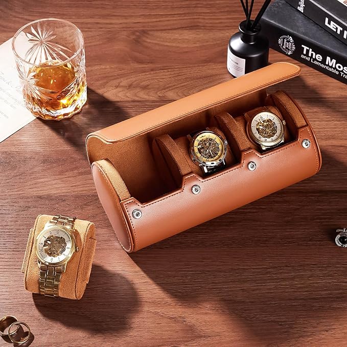 Homde Travel Watch Box Leather: Traveling Case for Men - Luxury Watch Roll for Wristwatch on the Go (brown, L)