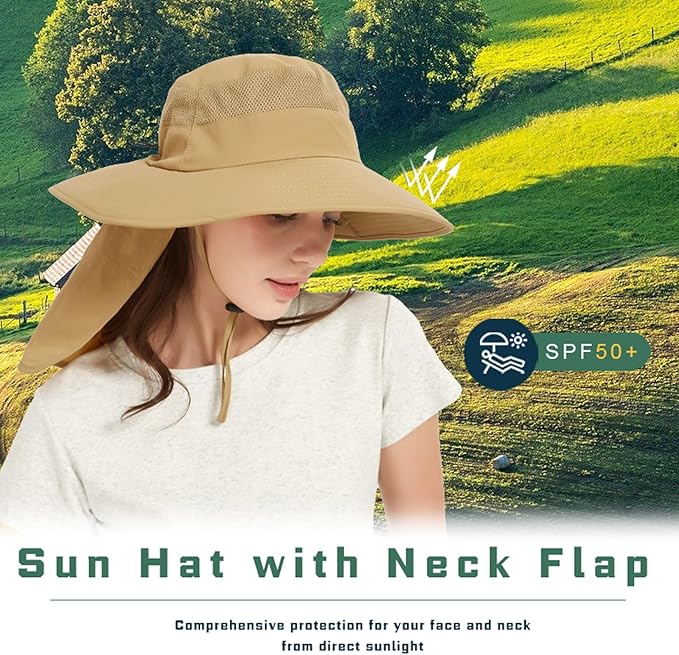 Fishing Hat Breathable Wide Brim Sun Hats with Neck Flap Bucket Hat Outdoor Safari Hat for Men Women UPF 50+ Sun Protection